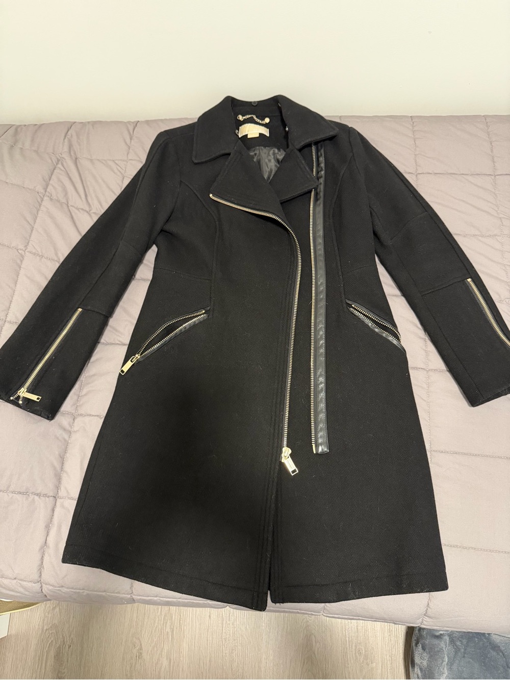 Michael Michael Kors Black Wool Blend Moto Coat – Size Small